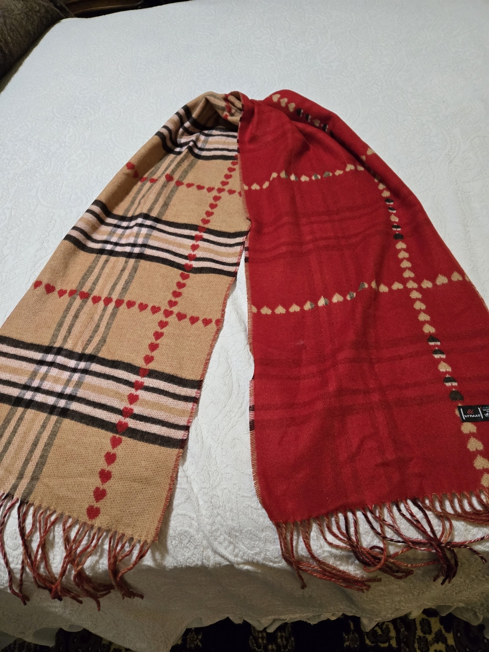 Cashmink V. Fraas Made In Germany Red and Beige Plaid Heart-Accent Scarf Soft